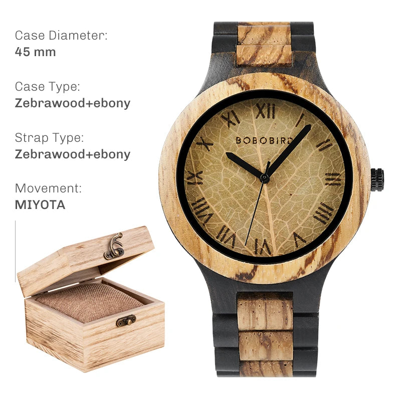 Montre en bois pour homme BOBO BIRD avec feuille véritable, montre en bois originale, montre en bois, montre fabriquée à la main, cadeau d'anniversaire pour homme