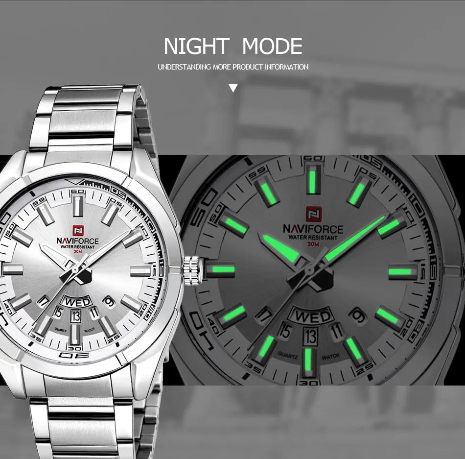 Montre NAVIFORCE classique décontractée pour homme, en acier inoxydable, sport, étanche, affichage de la date, horloge à quartz, Relogio Masculino