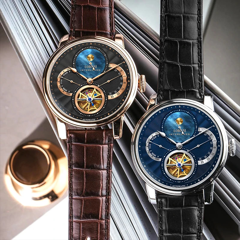 Montre LOBINNI Homme Automatique Or Montres Mécaniques Bracelets de Montre Mode bracelet sportif chronographe Squelette Saphir Marques de Montres