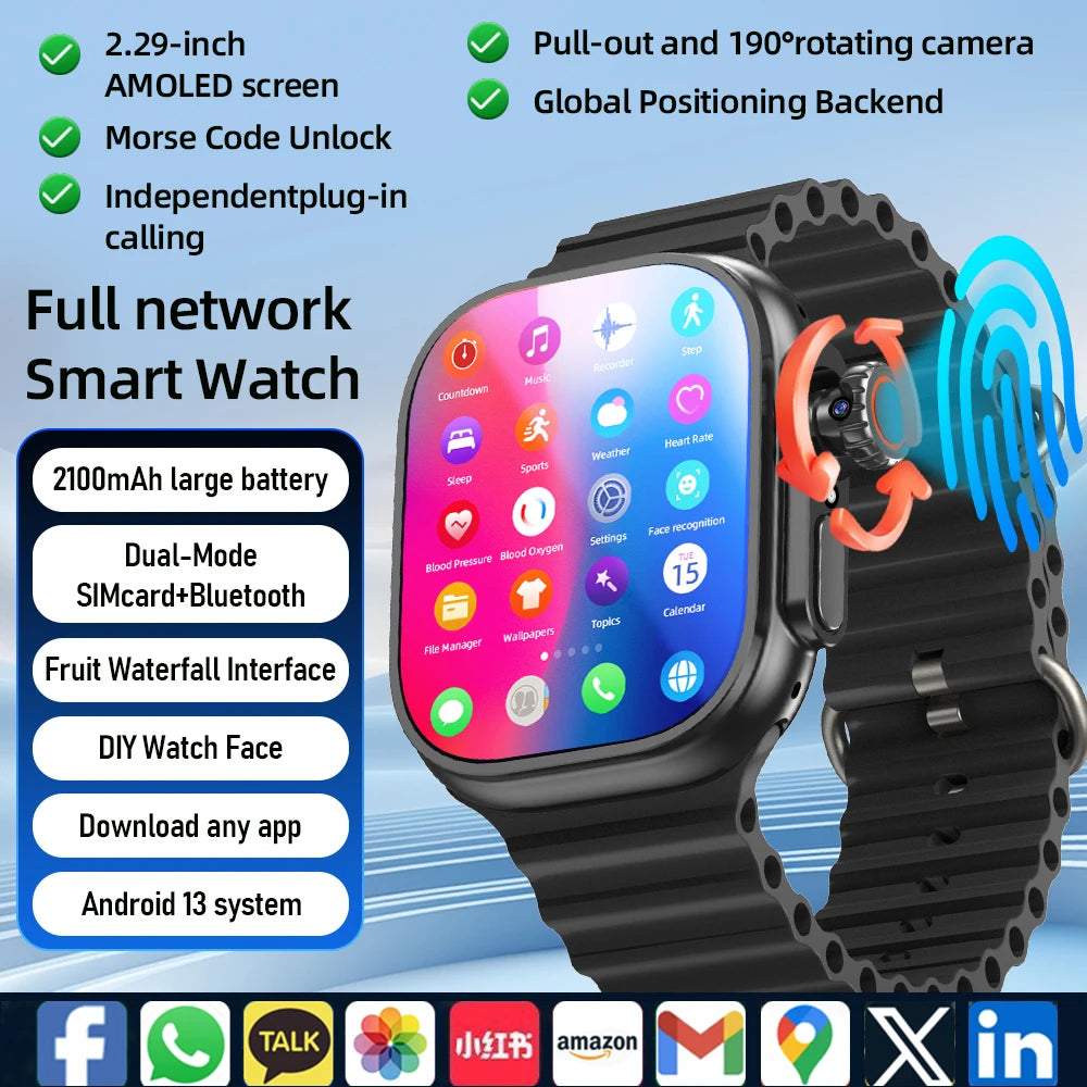 DW200 Montre Intelligente Homme WIFI Touch ID NFC Infrarouge avec Caméra Rotative, Déverrouillage par Empreinte Digitale, Fente pour Carte SIM Tactile, Appel Vidéo