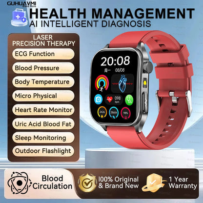 Montre Intelligente de Santé 2026 Thérapie Laser Réduction des Trois Hyper (Tension, Glycémie, Lipides) Oxygène Sanguin Pression Acide Urique ECG Montre Connectée pour Homme