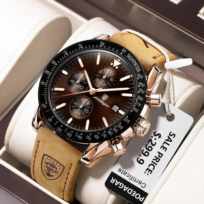 POEDAGAR Montre Homme de Luxe Étanche Lumineuse Date Chronographe Montre-Bracelet à Quartz Homme Haute Qualité Sport Cuir Homme Montres