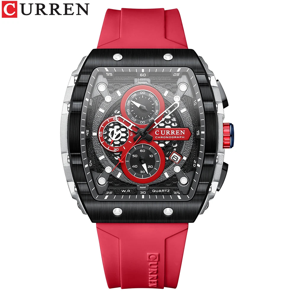 CURREN Tonneau Dial Chronograph Watch with Yellow Silicone Strap