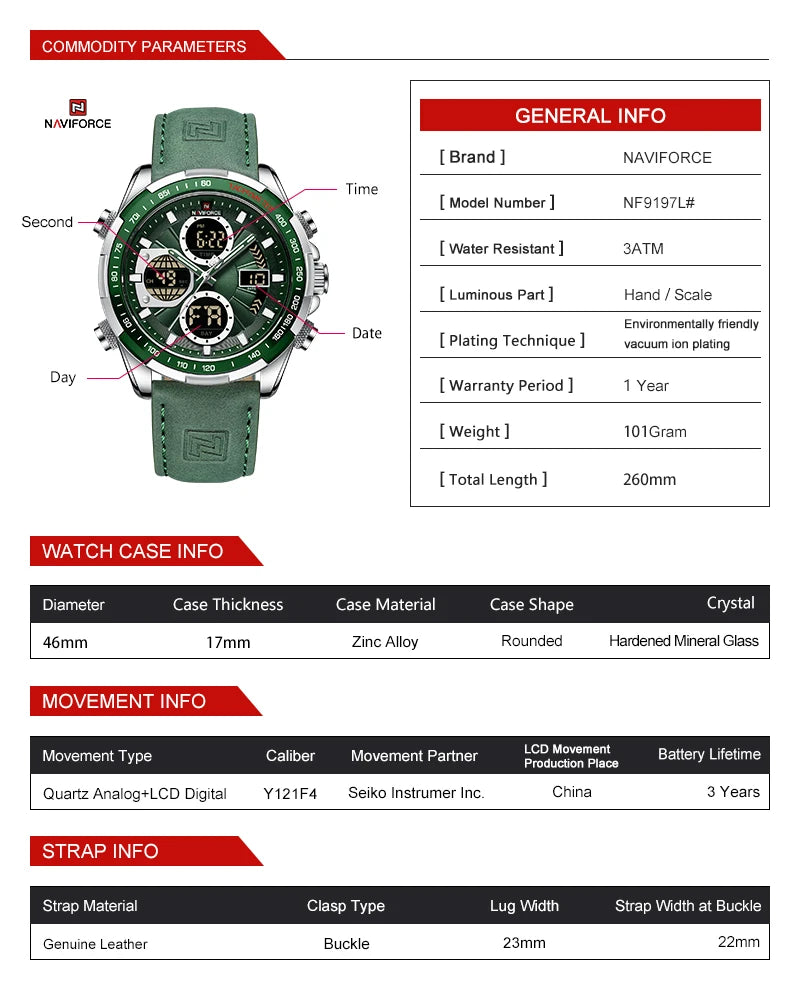 Montre Militaire NAVIFORCE pour Homme Chronographe Multifonction Sport Étanche 3ATM avec Alarme Affichage Jour et Date Cadeaux pour Hommes Horloge