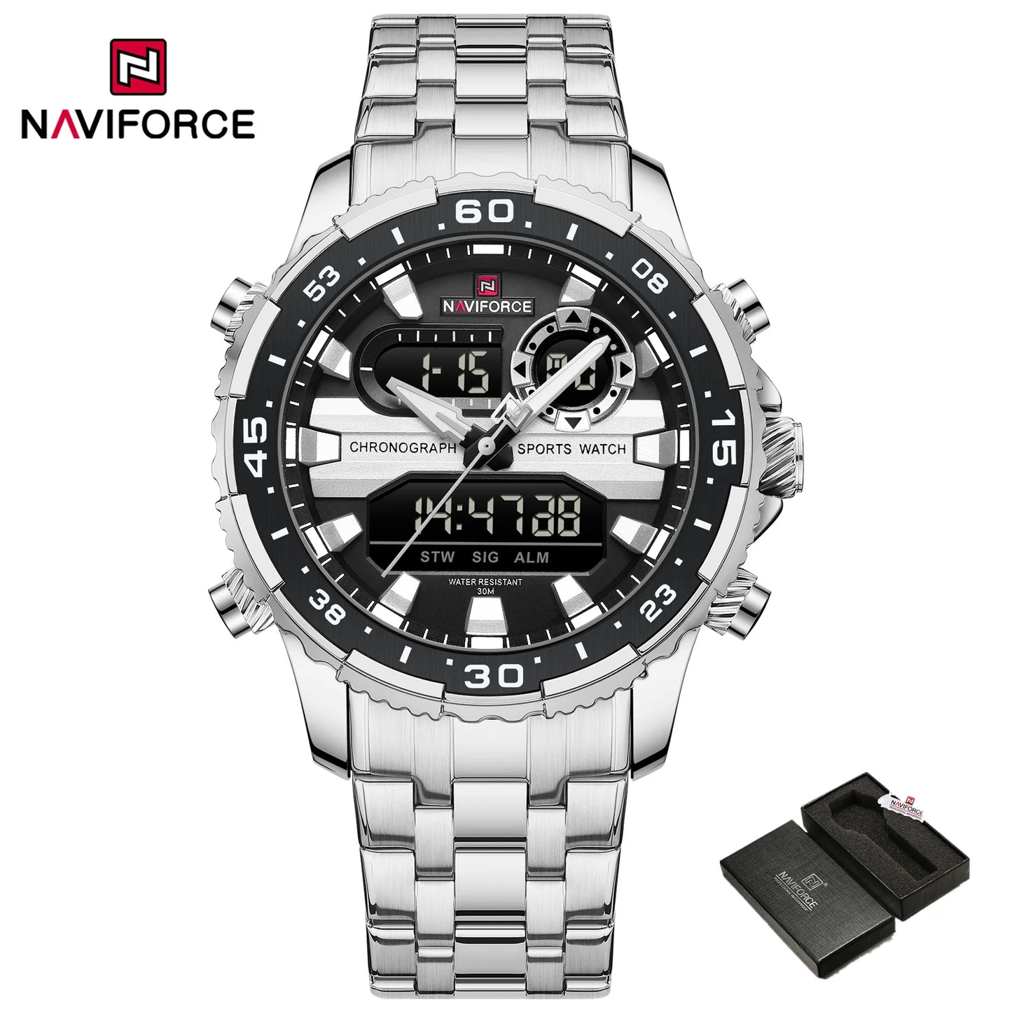 Montres Originales NAVIFORCE pour Hommes Montre-Bracelet Sport Analogique Numérique à Quartz Homme Militaire Lumineuse Étanche en Acier avec Réveil