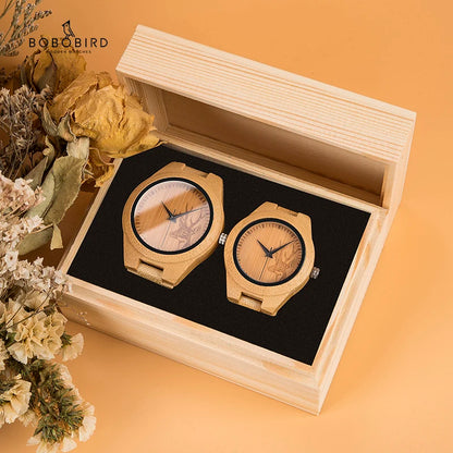 Montre en bois pour couple BOBOB BIRD pour homme et femme, montres personnalisées pour amoureux, cadeaux d'anniversaire dans un coffret cadeau en bois