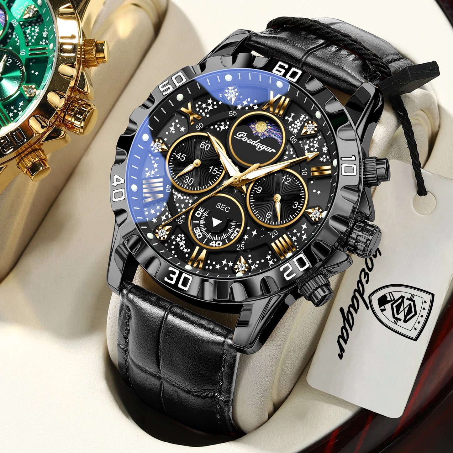POEDAGAR Montre-bracelet de luxe multifonctionnelle pour homme Étanche Lumineuse Chronographe Montres de sport en cuir pour homme Montre à quartz pour homme