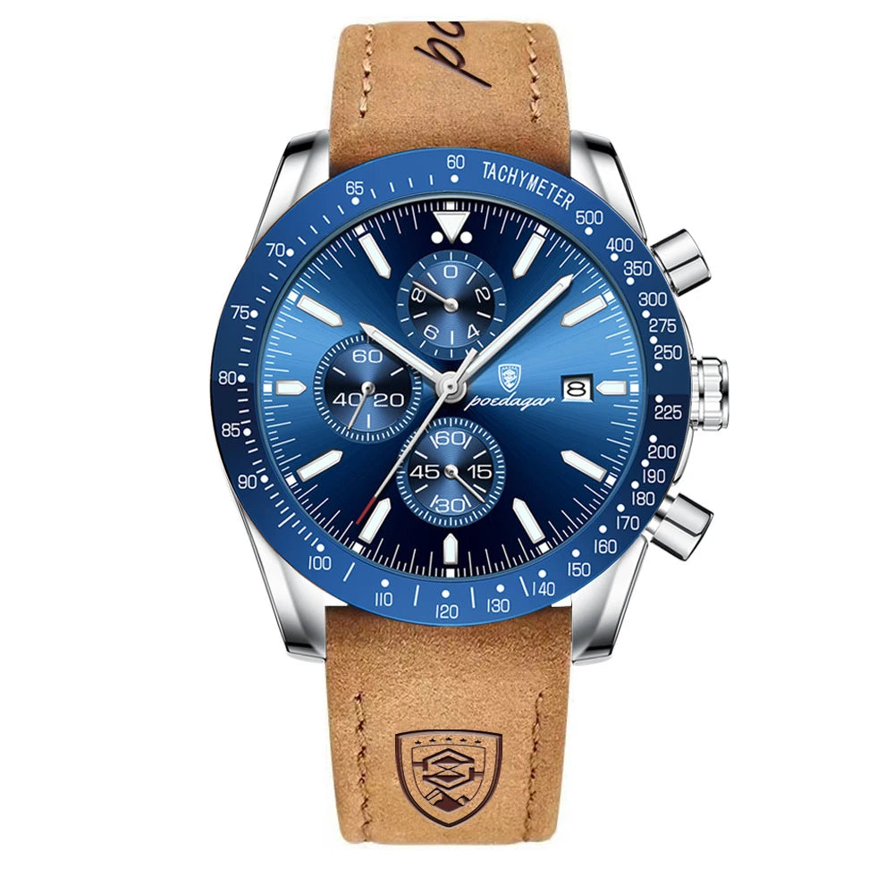 POEDAGAR Montre Homme de Luxe Étanche Lumineuse Date Chronographe Montre-Bracelet à Quartz Homme Haute Qualité Sport Cuir Homme Montres