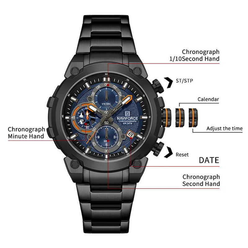 Montre Militaire Homme NAVIFORCE Luxe Étanche Quartz Chronographe Bracelet Montre Masculino Tendance Horloge