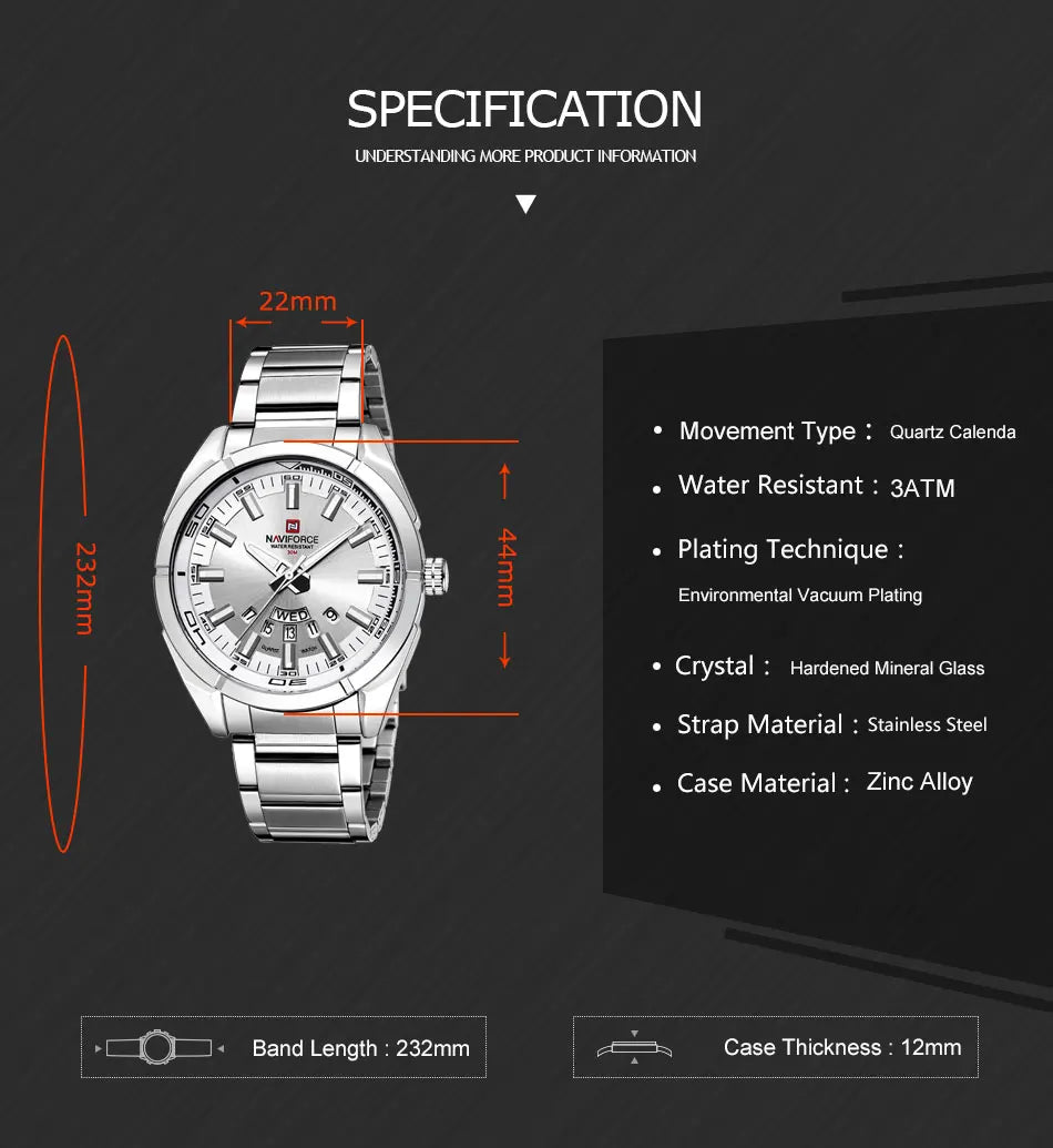 Montre NAVIFORCE classique décontractée pour homme, en acier inoxydable, sport, étanche, affichage de la date, horloge à quartz, Relogio Masculino