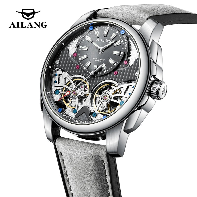 AILANG Business Mechanical Watches Men Top Brand Luxury Leather Waterproof Double Tourbillon Watch For Men Automatic Wristwatch