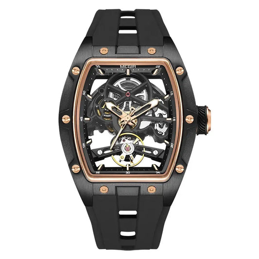 MEGIR 2242 automatic watch with tonneau dial and black silicone strap