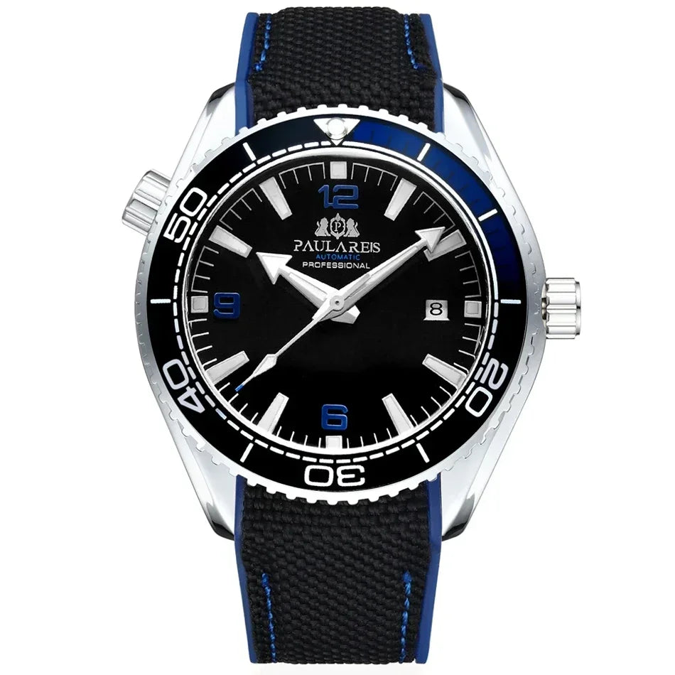 Automatic Mens Watch Mechanical Self Wind Movement Canvas Rubber Strap Orange Blue Red Luxury Fashion Watches