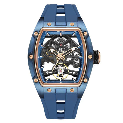 Montre-bracelet MEGIR pour hommes, mode, noire, étanche, mécanique automatique, avec aiguilles lumineuses, bracelet en silicone, cadran tonneau 2242