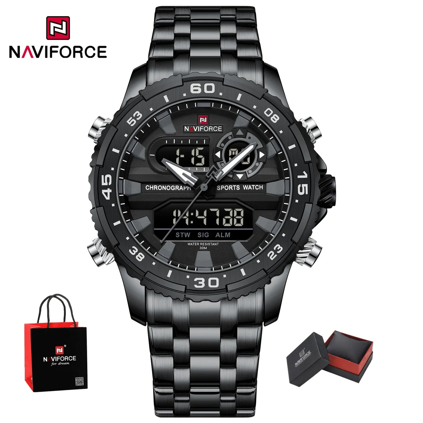 Top Marque NAVIFORCE Montre Homme Analogique LCD Numérique Bracelet en Acier Inoxydable Étanche Date Horloge Cadeaux