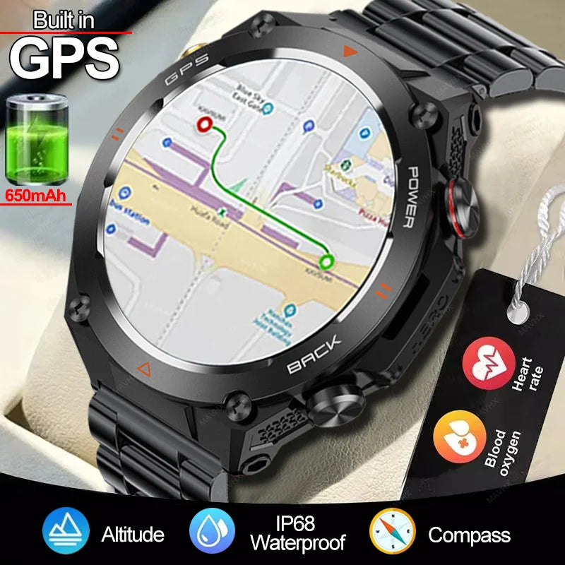 2026 New Military Outdoor Sports Smart Watch Men P68 Waterproof Built-in GPS Compass 650mAh Battery Bluetooth Call Smar twatch