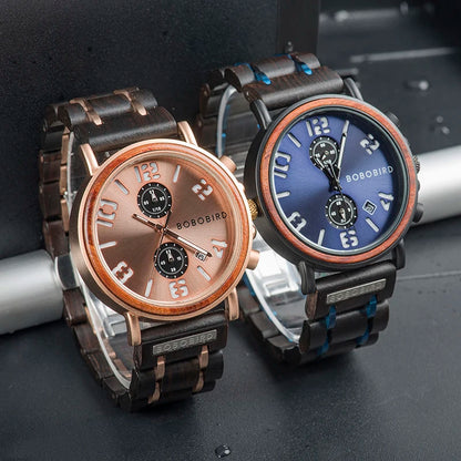 Montre en Bois de Luxe Marque Homme BOBO BIRD relogio masculino Chronographe Militaire reloj madera Cadeau pour Père Fils Mari