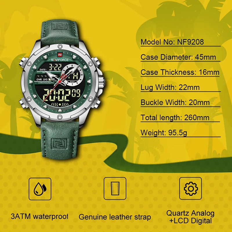 NAVIFORCE – Montres de mode pour homme, bracelet en cuir véritable, décontracté, militaire, étanche, chronographe numérique, mouvement à quartz, alarme