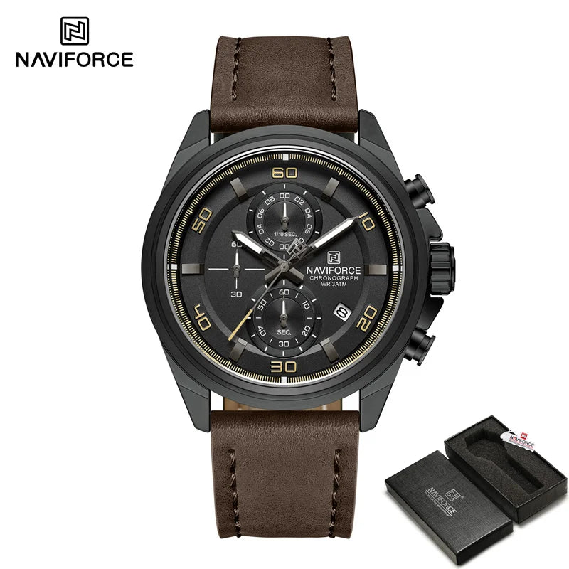 Montre homme décontractée NAVIFORCE Résistante à l'eau 3 ATM, calendrier, cadran lumineux avec bracelet en cuir, cadeau, design original