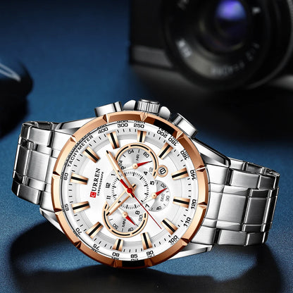 Montre Homme CURREN Business Montre de Luxe en Acier Inoxydable Chronographe Armée Militaire Montres à Quartz