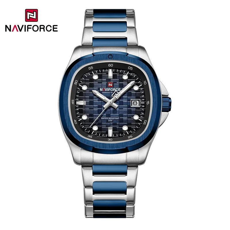 Montre-bracelet de sport NAVIFORCE pour hommes, à quartz, en acier inoxydable, lumineuse, avec calendrier, cadran carré, pour affaires