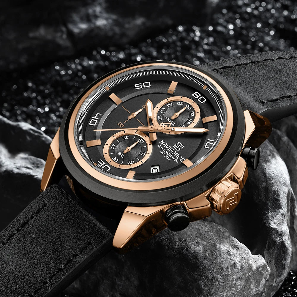 Montres étanches NAVIFORCE pour hommes Montre-bracelet à quartz de luxe en cuir véritable pour hommes Chronographe militaire tendance