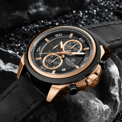 Montres étanches NAVIFORCE pour hommes Montre-bracelet à quartz de luxe en cuir véritable pour hommes Chronographe militaire tendance