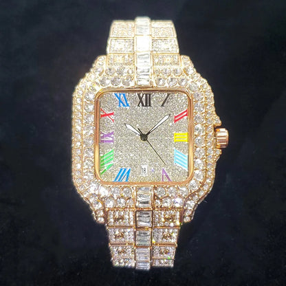 Montre de luxe en diamant 2025 pour homme, à la mode, avec chiffres colorés, style hip-hop, bijoux bling-bling, Reloj Hombre pour fête