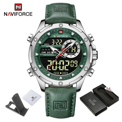 Montres NAVIFORCE pour hommes, style militaire sportif, en cuir véritable, étanches, avec cadran numérique, chronographe lumineux et créatif.