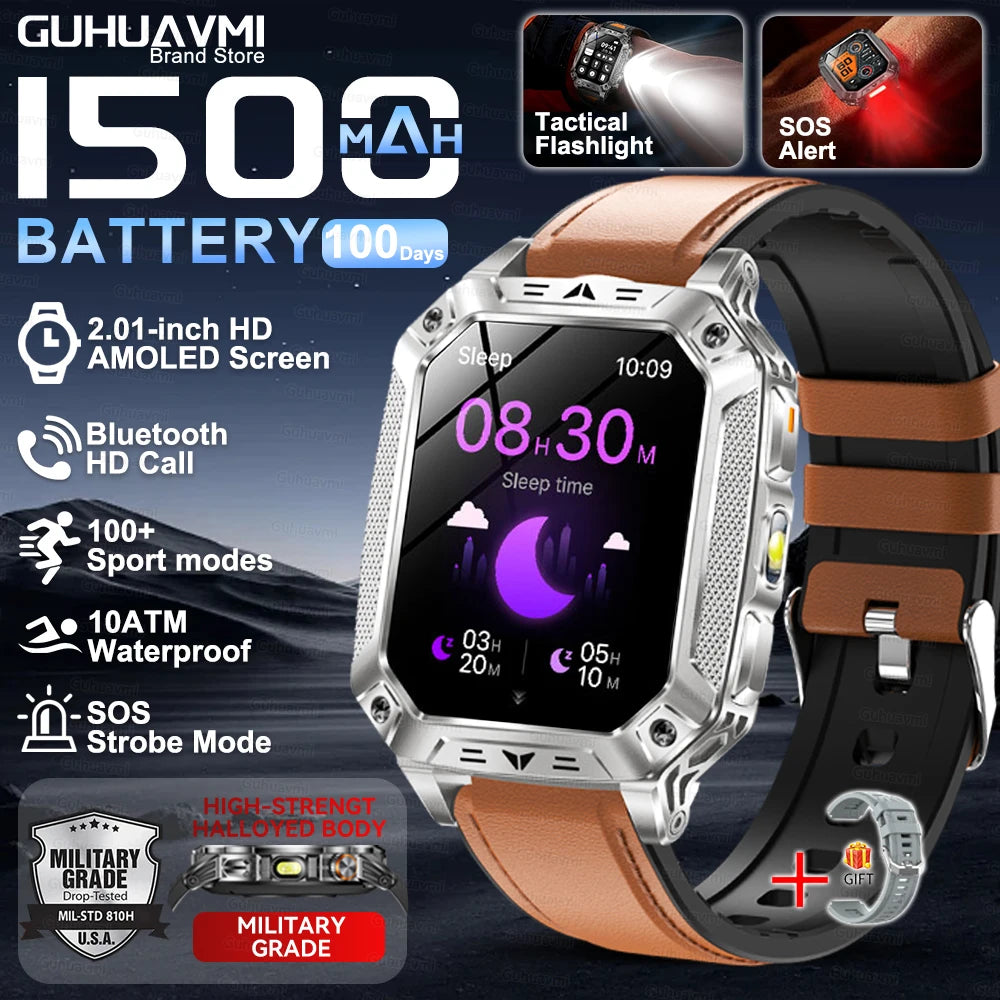 Montre Intelligente Militaire Homme 1500mAh Longue Autonomie Sport Extérieur Montre Connectée Homme Étanche 10ATM Fréquence Cardiaque Appel BT Grande Batterie