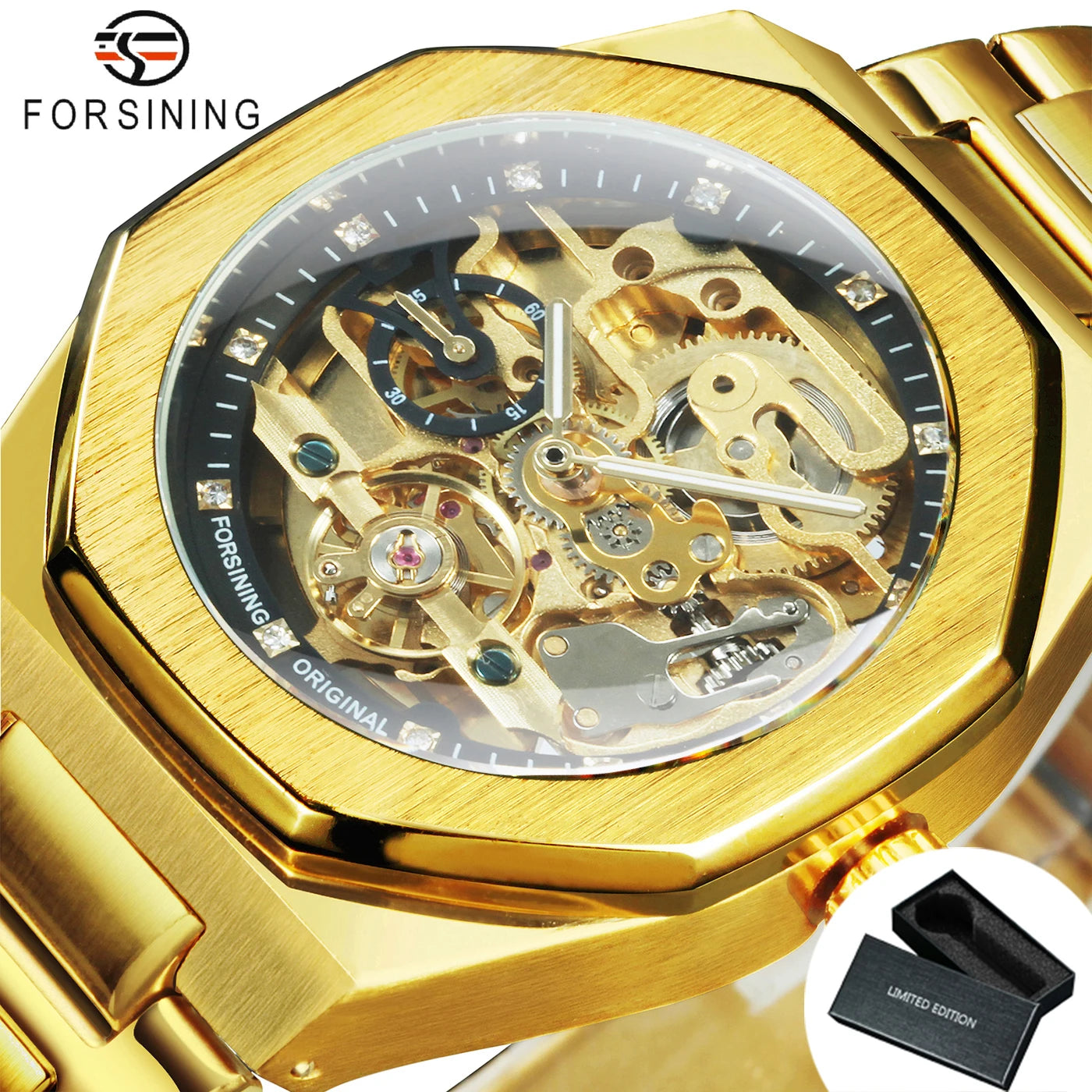 Montre mécanique squelette Forsining Tourbillon pour homme, aiguilles lumineuses, bracelet en acier inoxydable, montres automatiques tendance pour le travail