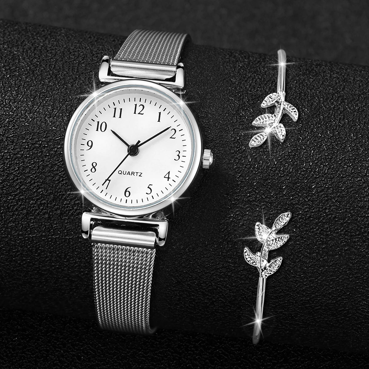2 montres à quartz pour femme avec cadran arabe, bracelet en maille d'acier, et bracelet jonc assorti (sans boîte)
