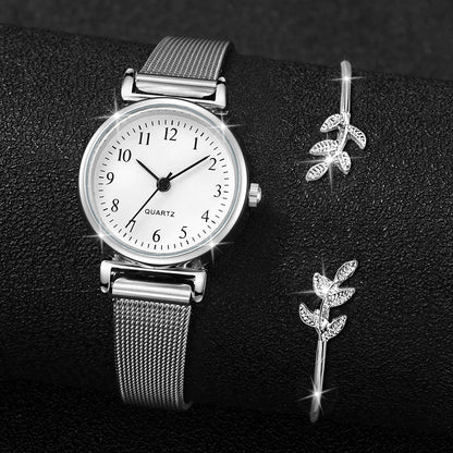2 montres à quartz pour femme avec cadran arabe, bracelet en maille d'acier, et bracelet jonc assorti (sans boîte)
