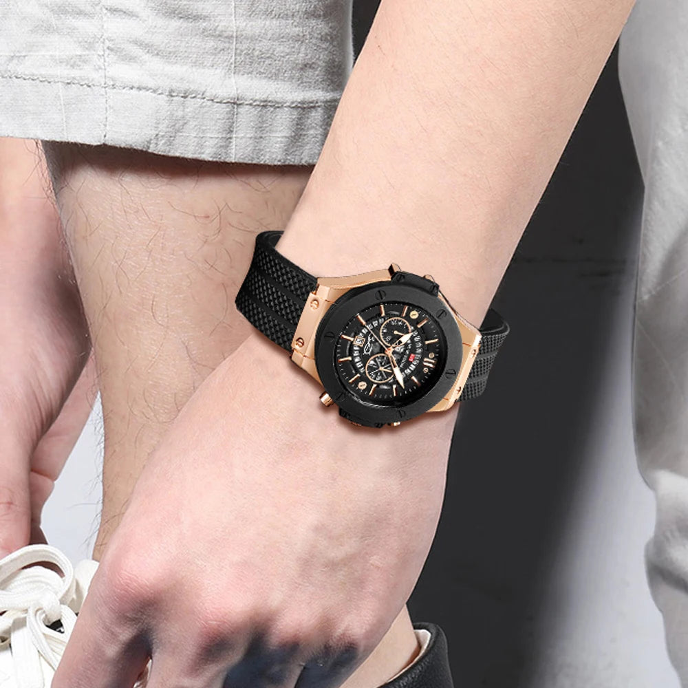Montre Sport Homme en Silicone Noir, Grand Cadran Creux de 46 mm, Style Militaire Tendance Or Rose, Mouvement à Quartz Original