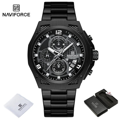 Montres Homme Sport Décontractées Marque NAVIFORCE Chronographe à Quartz Multifonction avec Affichage de la Date Bracelet en Acier Montre-Bracelet Reloj Hombre