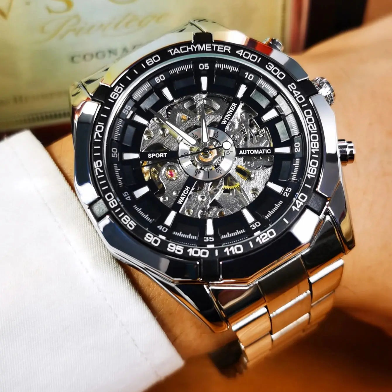 WINNER Classic Skeleton Watch for Men Luminous Hands Mechanical Watches Stainless Steel Strap Luxury Brand Forsining Wristwatch