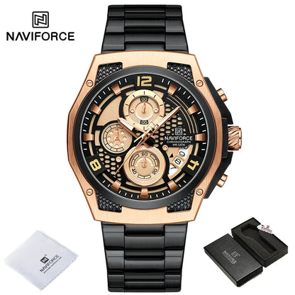 Montres Homme Sport Décontractées Marque NAVIFORCE Chronographe à Quartz Multifonction avec Affichage de la Date Bracelet en Acier Montre-Bracelet Reloj Hombre