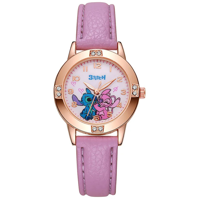 Stitch-themed kids watch with leather strap and rhinestone dial