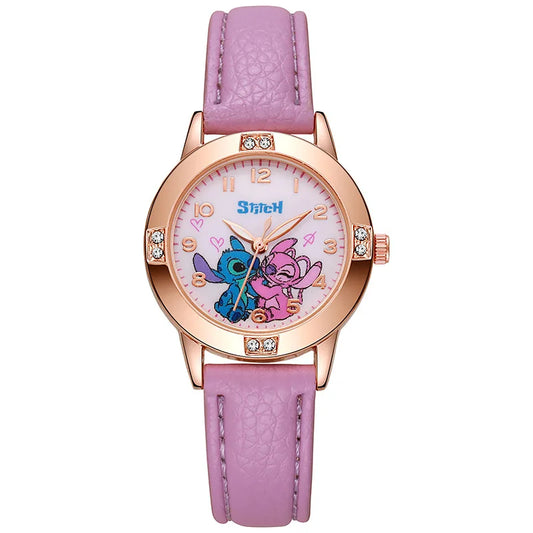 Stitch-themed kids watch with leather strap and rhinestone dial