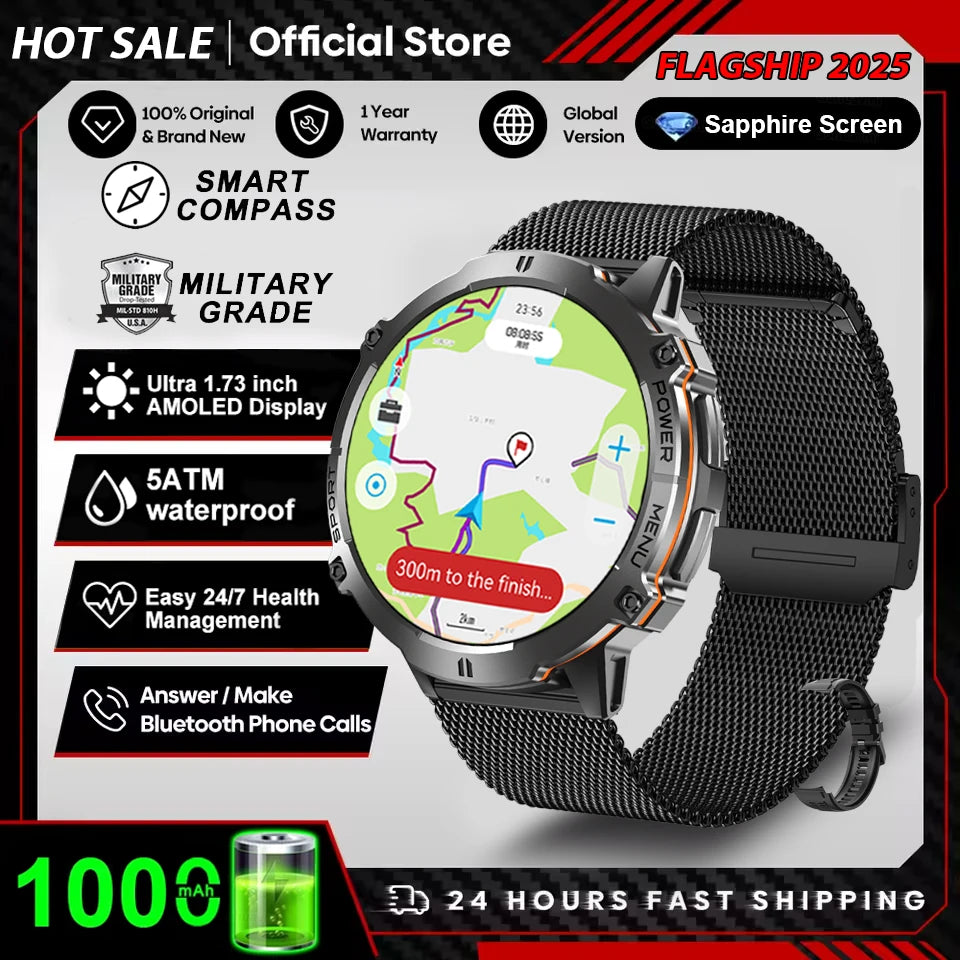 2026 Military TANK X3 Smart Watch Men 1.73" AMOLED Screen 5ATM Waterproof 1000mAh Battery GPS Sports Fitness Track Smart Watches