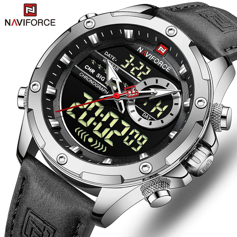 Montres militaires NAVIFORCE pour hommes Montre-bracelet de sport tendance chronographe alarme étanche à quartz grande horloge numérique pour hommes