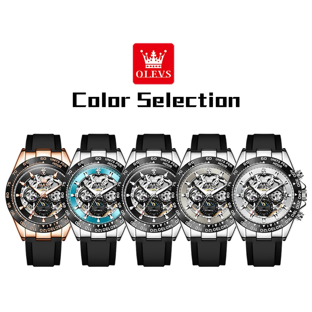 OLEVS 6713 Business Men's Watches Moon Phase Luminous Calendar Skeleton Automatic Mechanical Wristwatch for Man