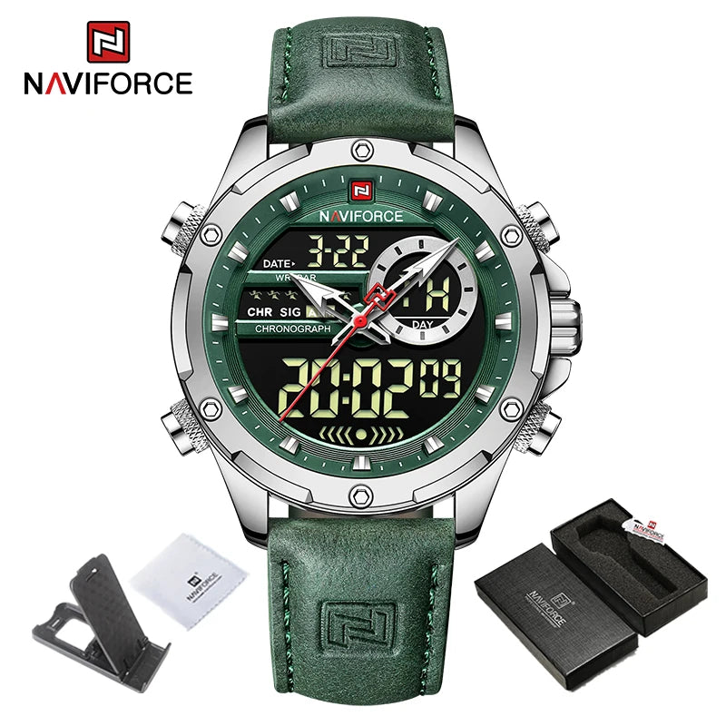 NAVIFORCE – Montre Homme Tendance en Cuir Vert, Militaire, Étanche, Chronographe Numérique, Quartz, Bracelet Homme, Réveil
