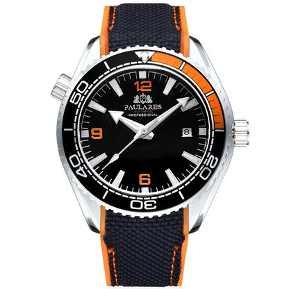 Automatic Mens Watch Mechanical Self Wind Movement Canvas Rubber Strap Orange Blue Red Luxury Fashion Watches