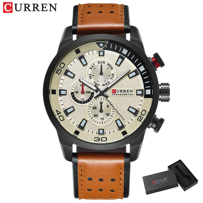 CURREN 8250 Montre Homme Étanche Décontractée à Trois Aiguilles Bracelet en Cuir Respirant