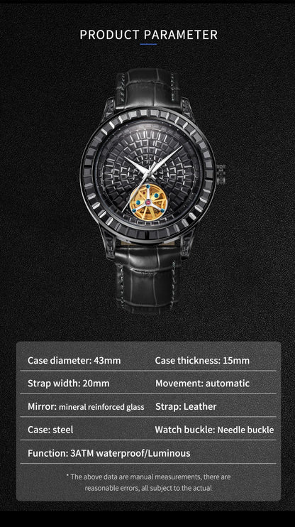 HAEMMER tourbillon mechanical watch with diamond-style dial and leather strap