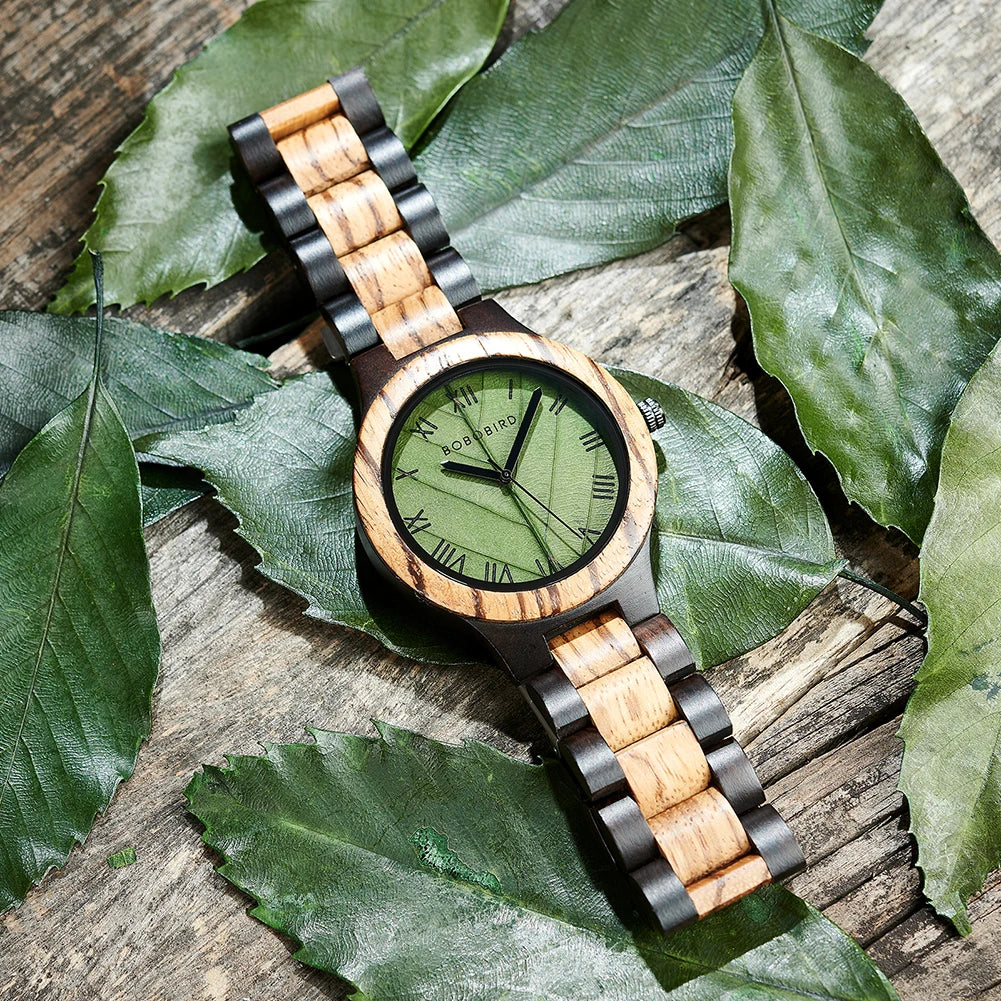 Montre en bois pour homme BOBO BIRD avec feuille véritable, montre en bois originale, montre en bois, montre fabriquée à la main, cadeau d'anniversaire pour homme