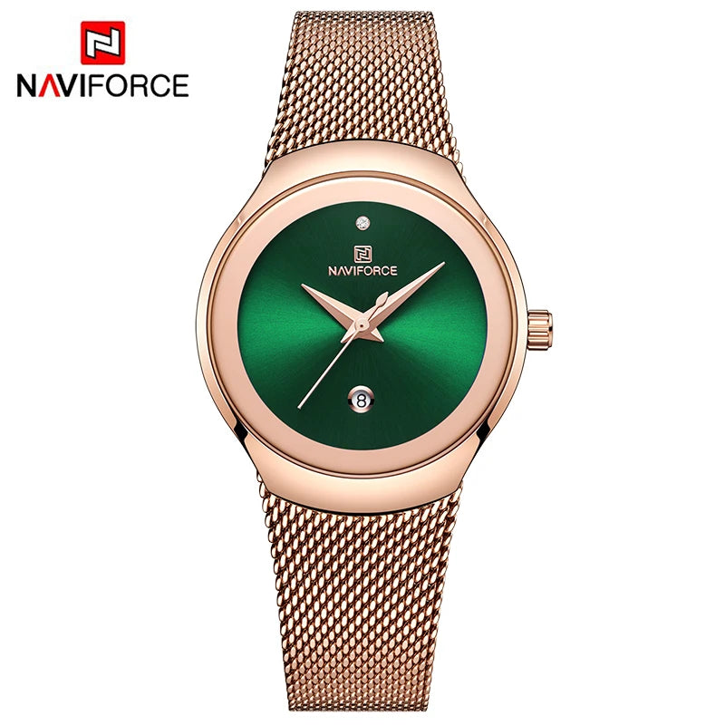 NAVIFORCE NF5004 Green Mesh Steel Date Analog Watch