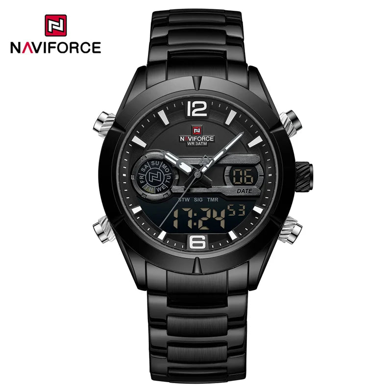 Montre de sport militaire de luxe NAVIFORCE pour hommes, lumineuse, étanche, bracelet en acier, affichage double numérique à quartz, montre-bracelet masculine.
