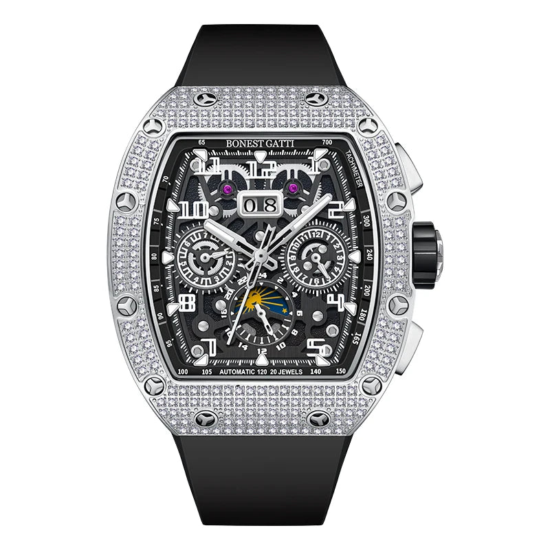 Montre Automatique BONEST GATTI Tonneau Mécanique Bracelet Caoutchouc Lunette Diamant Montres Pour Hommes